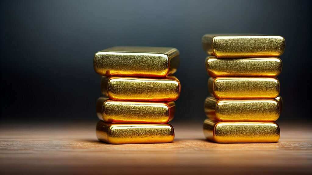 Two stacks of cast gold bars on a wooden surface against a dark background